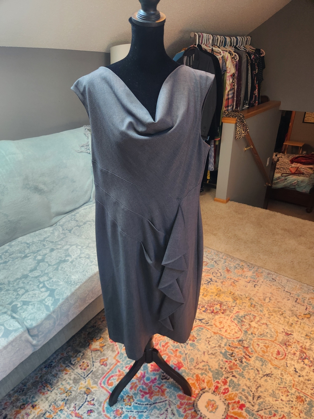 Calvin Klein Sleeveless Cowl Neck Gray Dress with Front Ruffle Size 14 Polished!